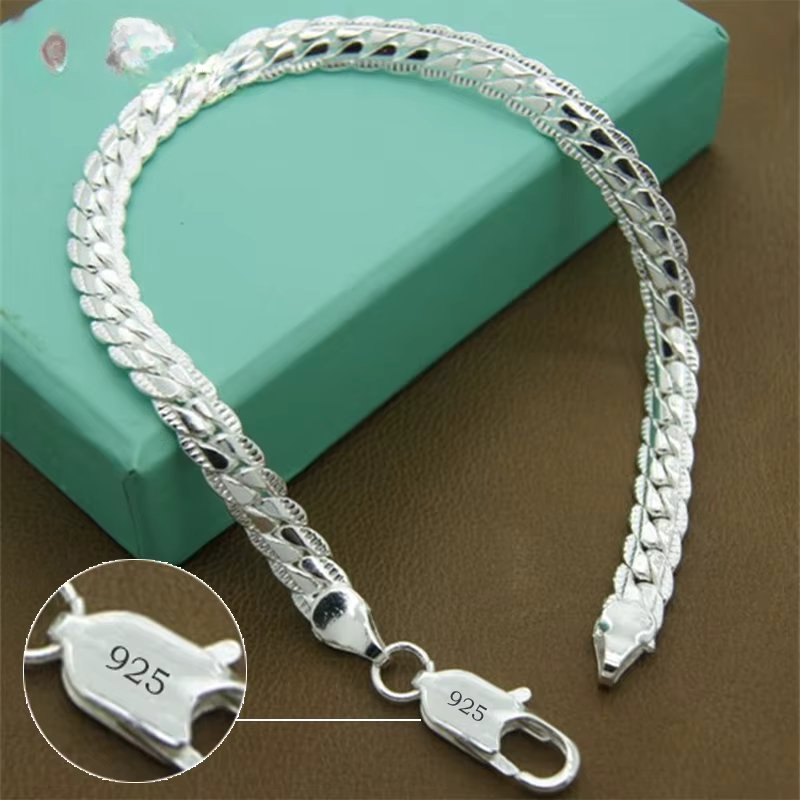 925 Sterling Silver Unisex Bracelet, 6mm Flat Chain Design, Modern and Elegant Style, Perfect for Daily Wear, Special Occasions, and Gifts.